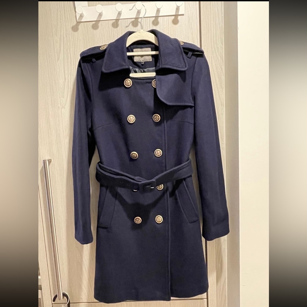 Double Breasted With Frill Back Detail Navy Blue Wool Trench Coat